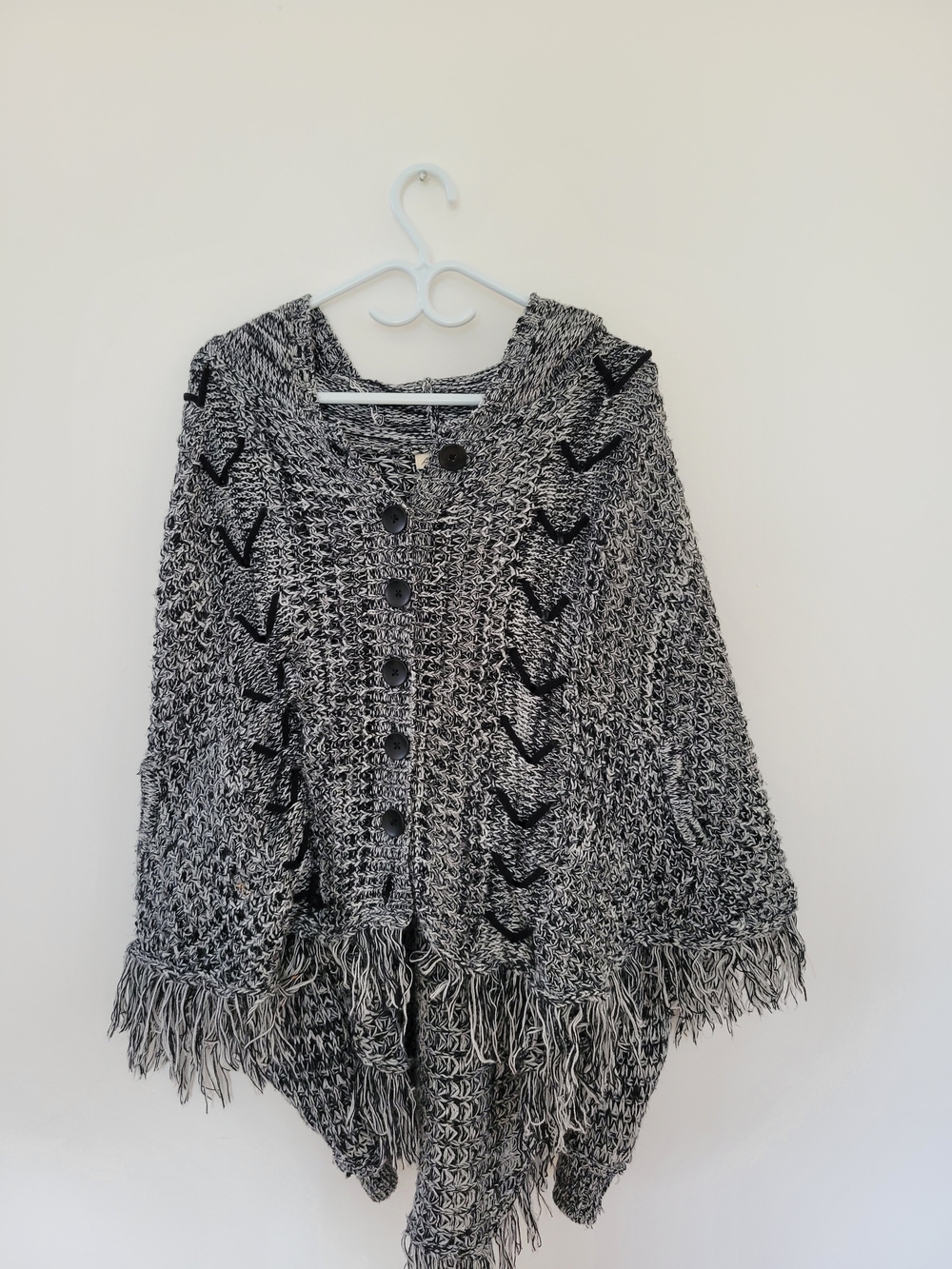 Ardene Black & White Fringe Button-Up Knit Poncho